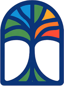 Stylized tree with multicolored leaves inside a rounded rectangular frame.
