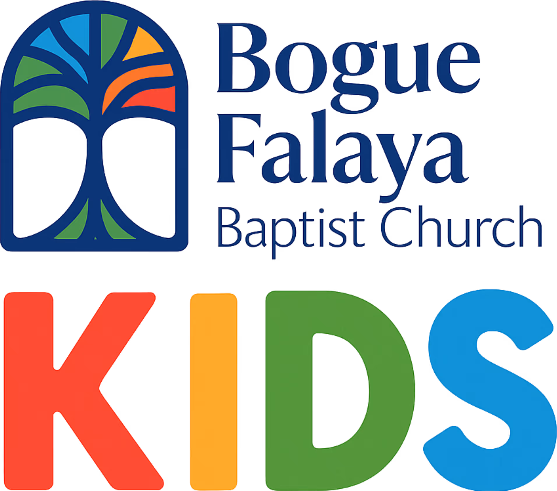 Colored tree logo with text Bogue Falaya Baptist Church Kids in red, orange, green, and blue letters.