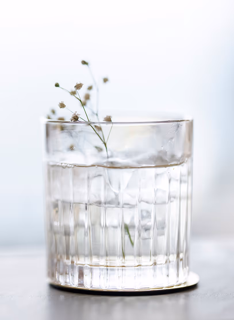 Clear glass of water with ice and a small white flower inside on a pale surface.