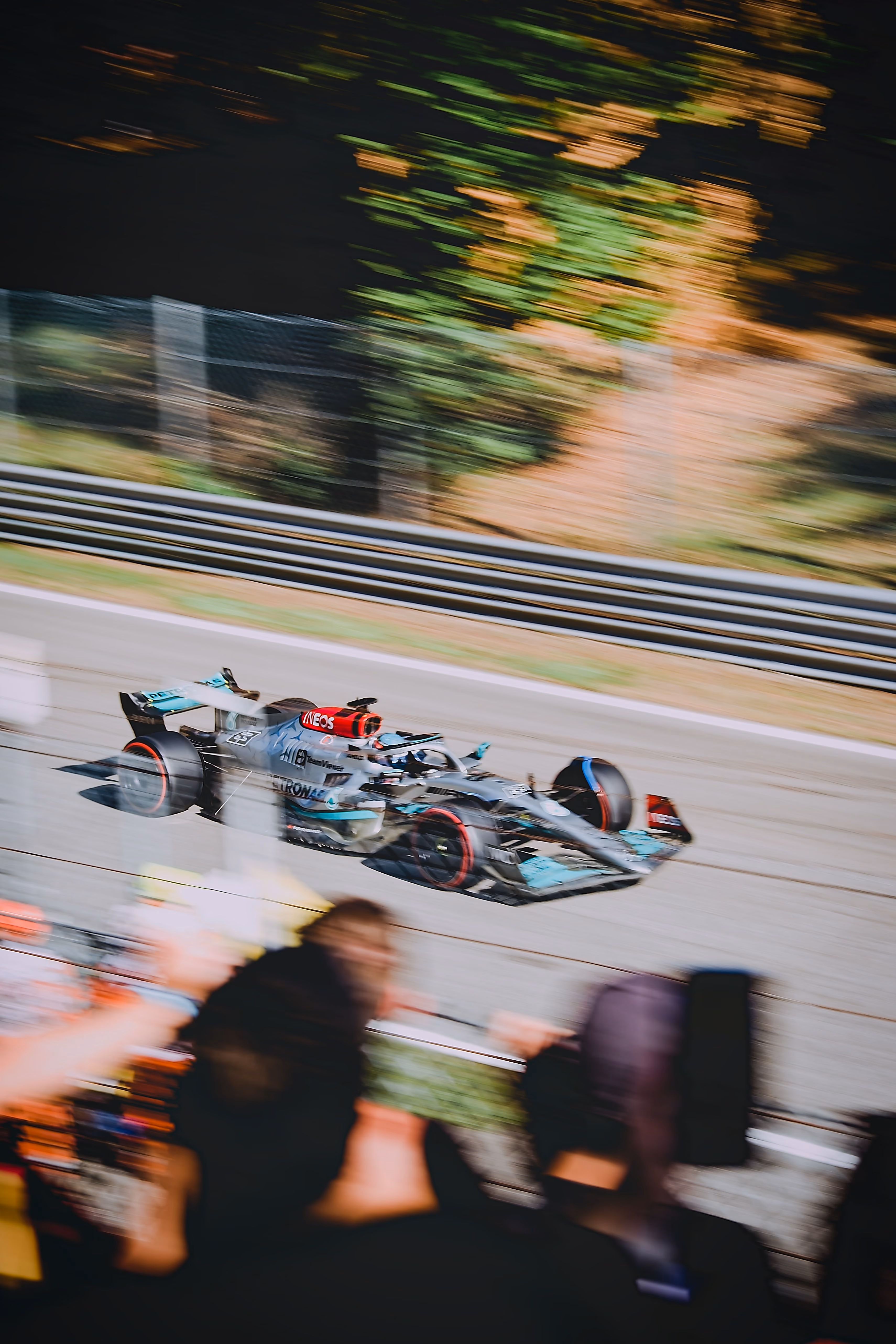 Formula 1 car speeding on a race track with blurred spectators in the foreground.