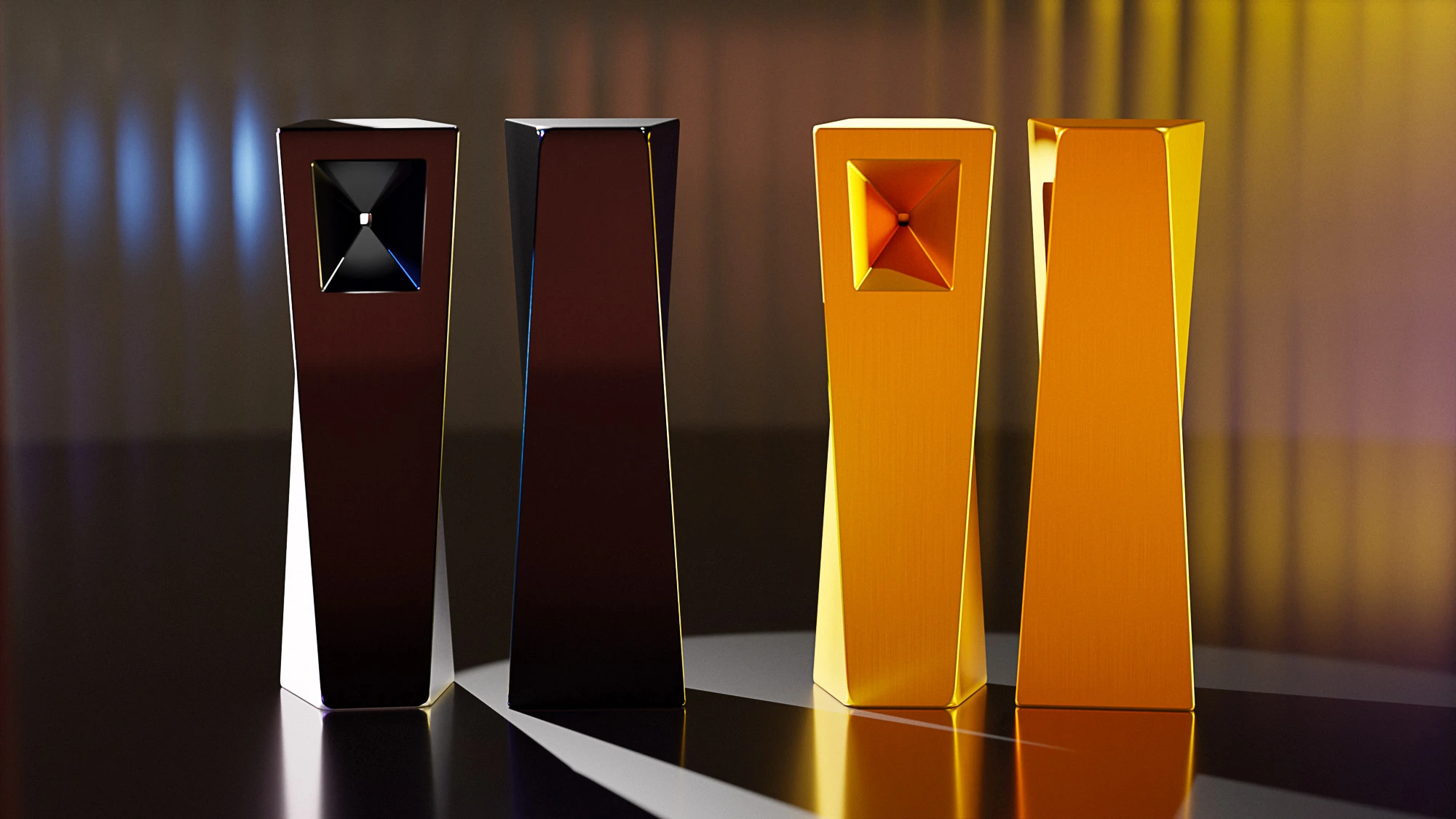 designer pipe Tempest shown in front and back groupings, in colorways black Abyss and gold Radiance