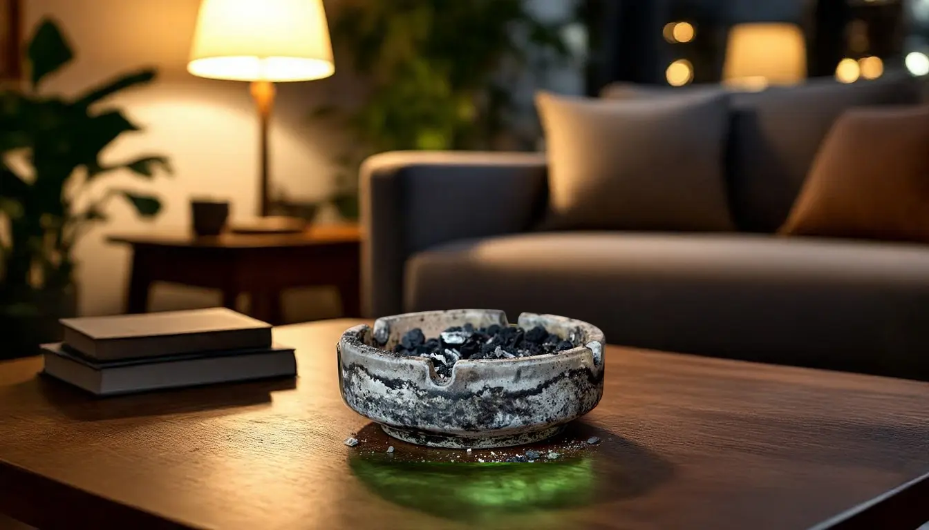 A messy open ashtray on a coffee table