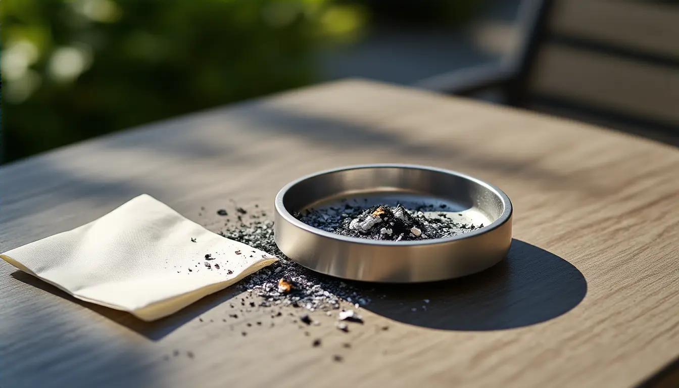 A used open ashtray with spilled ash and residue on a table