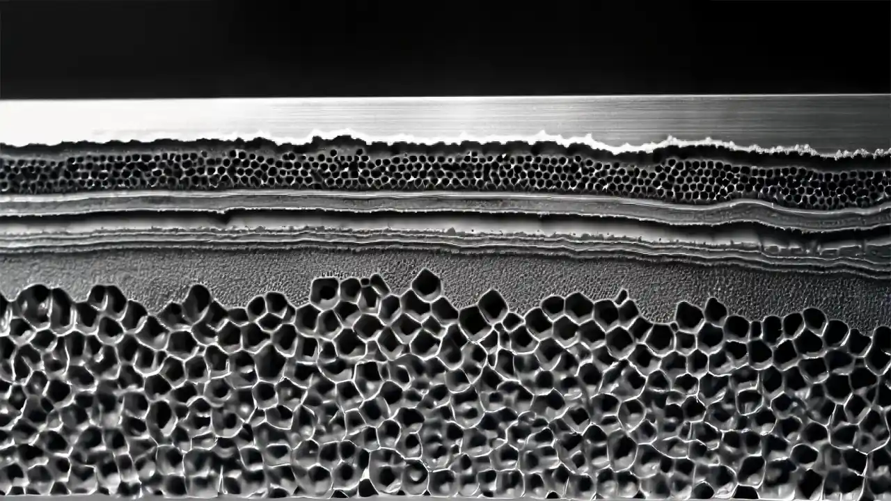 a cross section of the surface of anodized aluminum showing the tightening cell structure on the surface