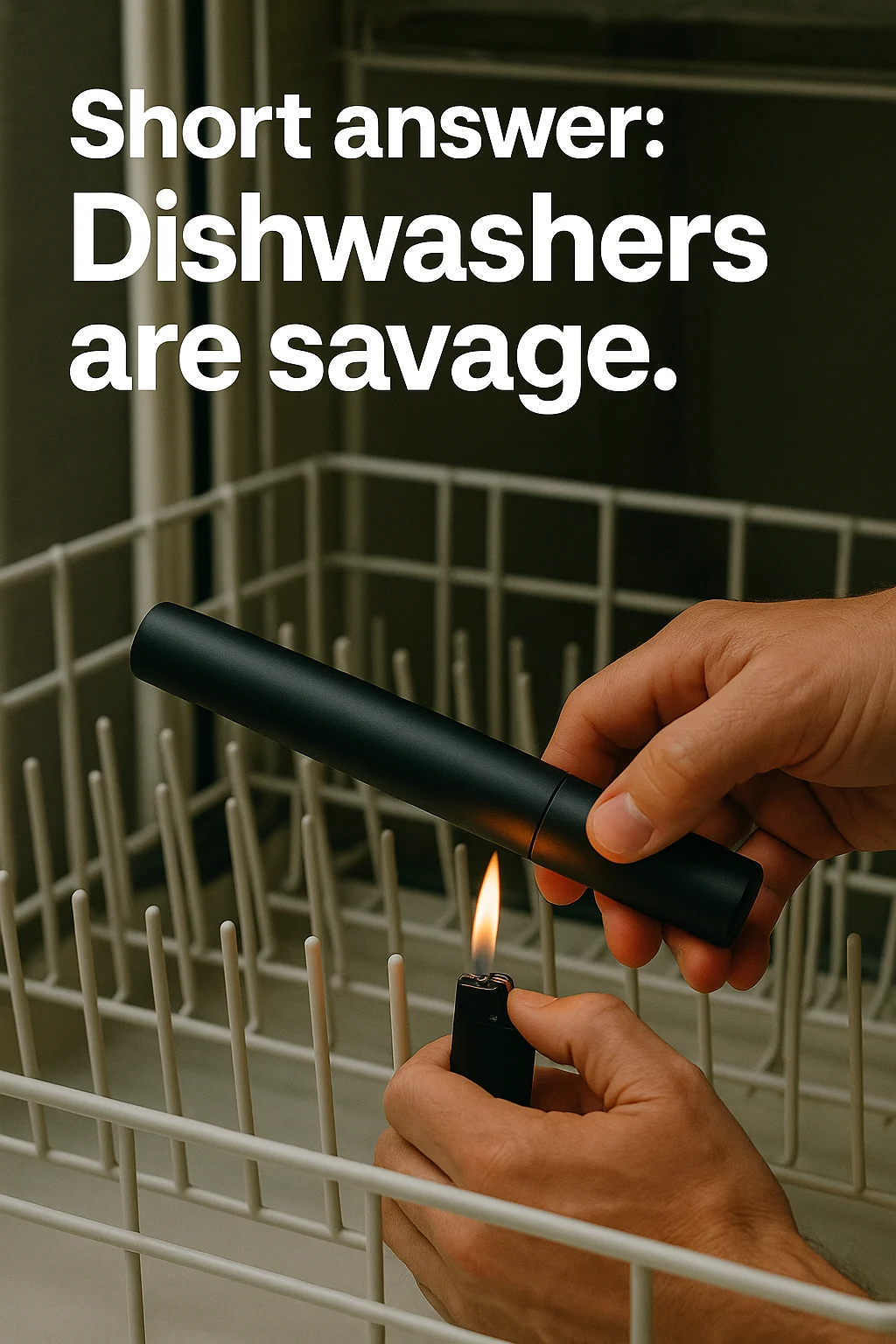 an image of a lighter attempting to burn a smooth black anodized object with a dishwasher in the background and the headline: Dishwashers are Savage