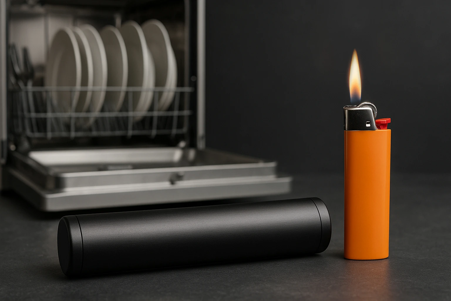 an image of a lighter attempting to burn a smooth black anodized object with a dishwasher in the background
