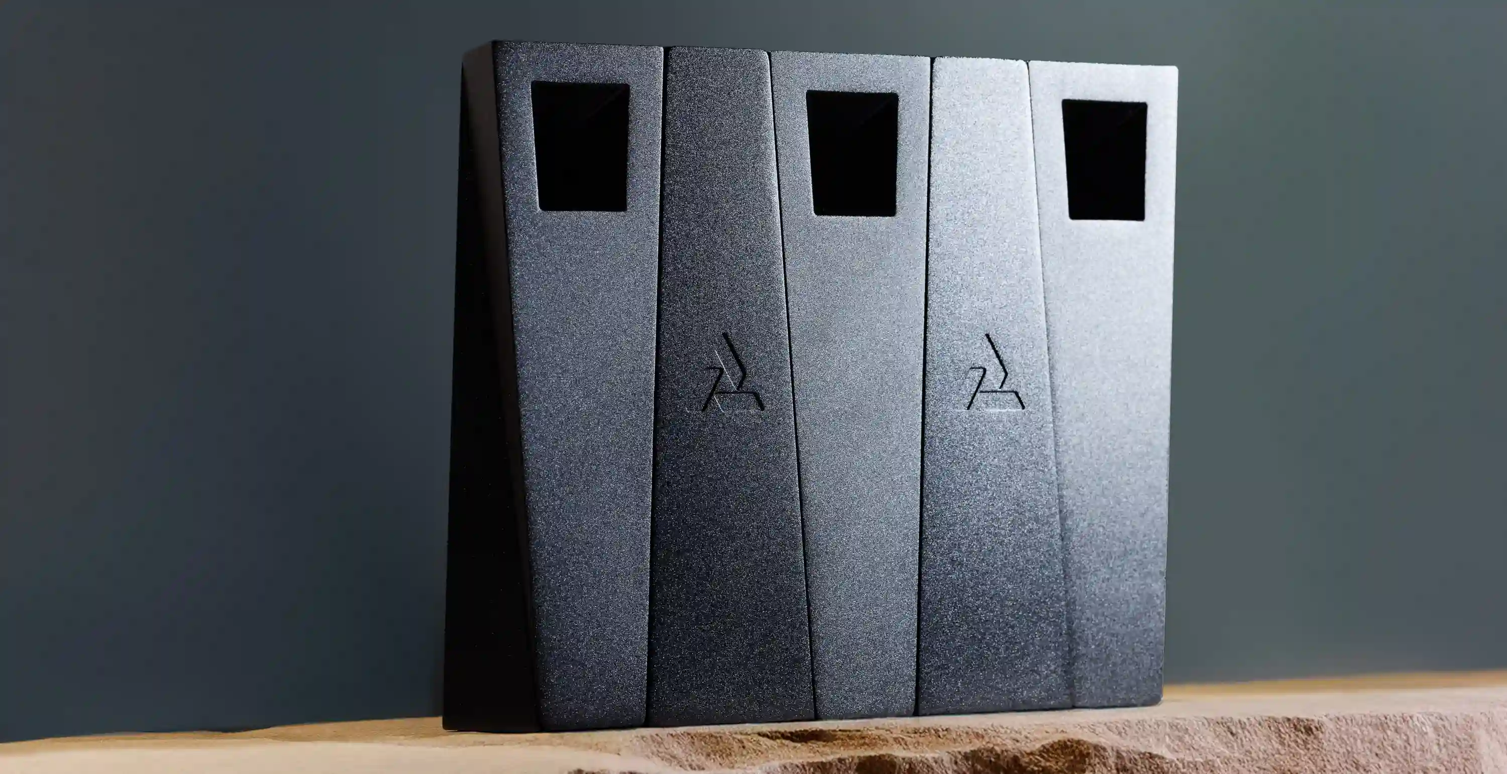 a grouping of butalist designed tempest pipes with interlocking geometry