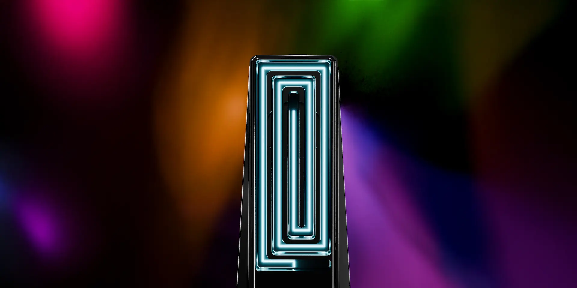Close-up of black Tempest Abyss smoking pipe with internal smoke cooling labyrinth against colorful blurred lights