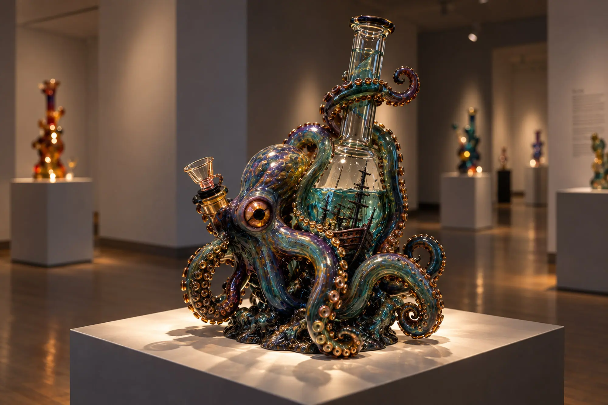 Glass sculpture of an octopus coiled around a water chamber holding a sinking ship, displayed on a gallery pedestal