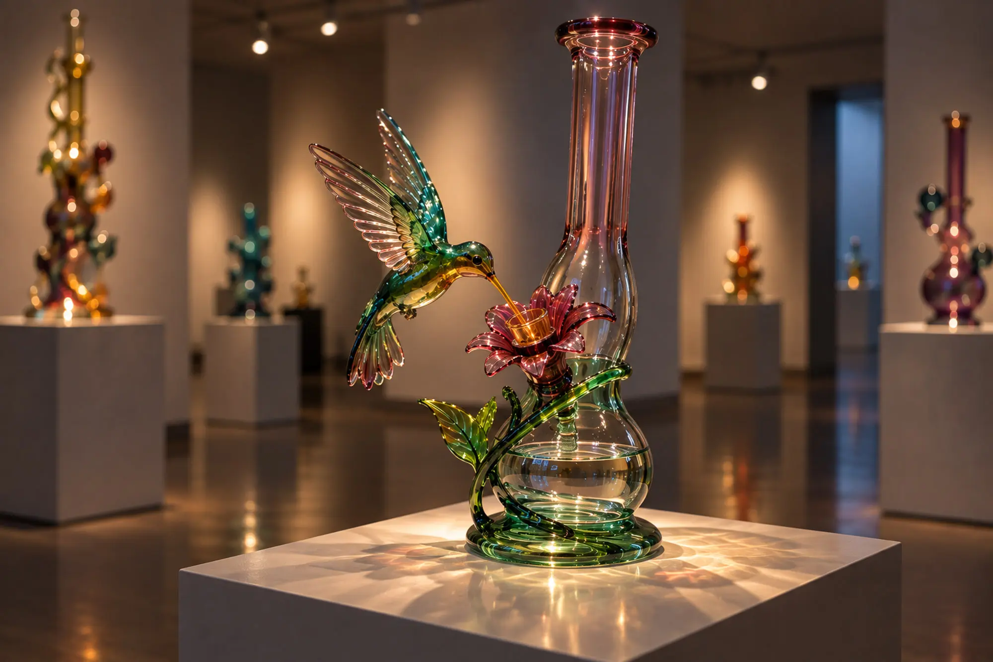 Glass sculpture of a hummingbird feeding at a flower, with the flower forming the bowl of a water pipe