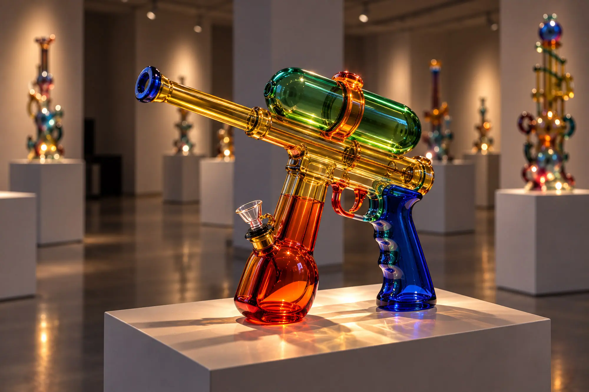 Glass sculpture of a ray gun in gold, green, red and blue