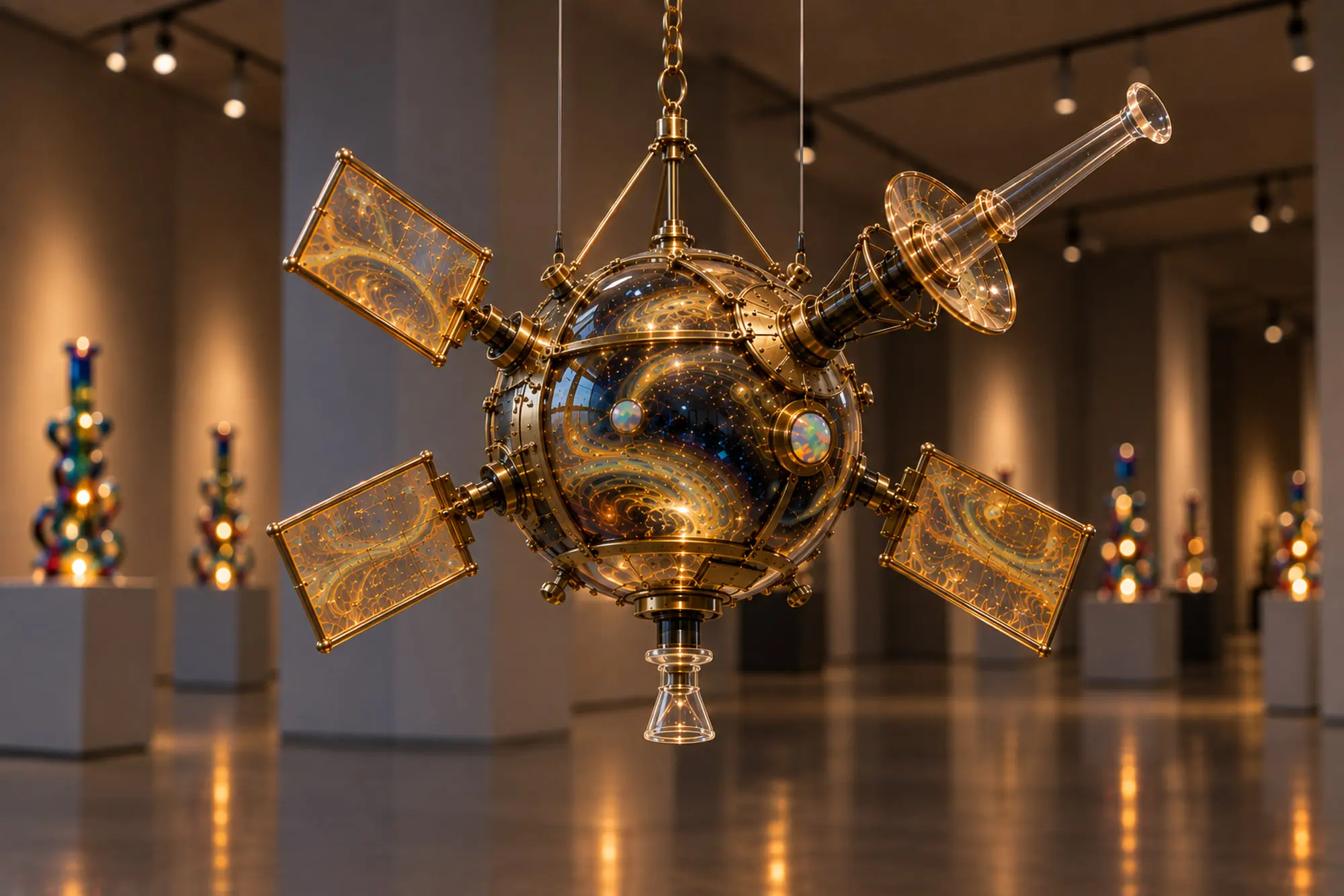 Suspended glass and brass sculpture of a satellite with gold solar panels, a spherical water chamber, and a conical mouthpiece