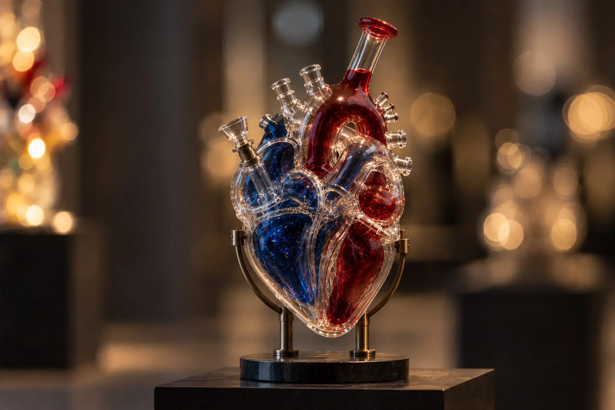 Glass sculpture of an anatomically correct human heart in red and blue, mounted on a brass gimbal stand