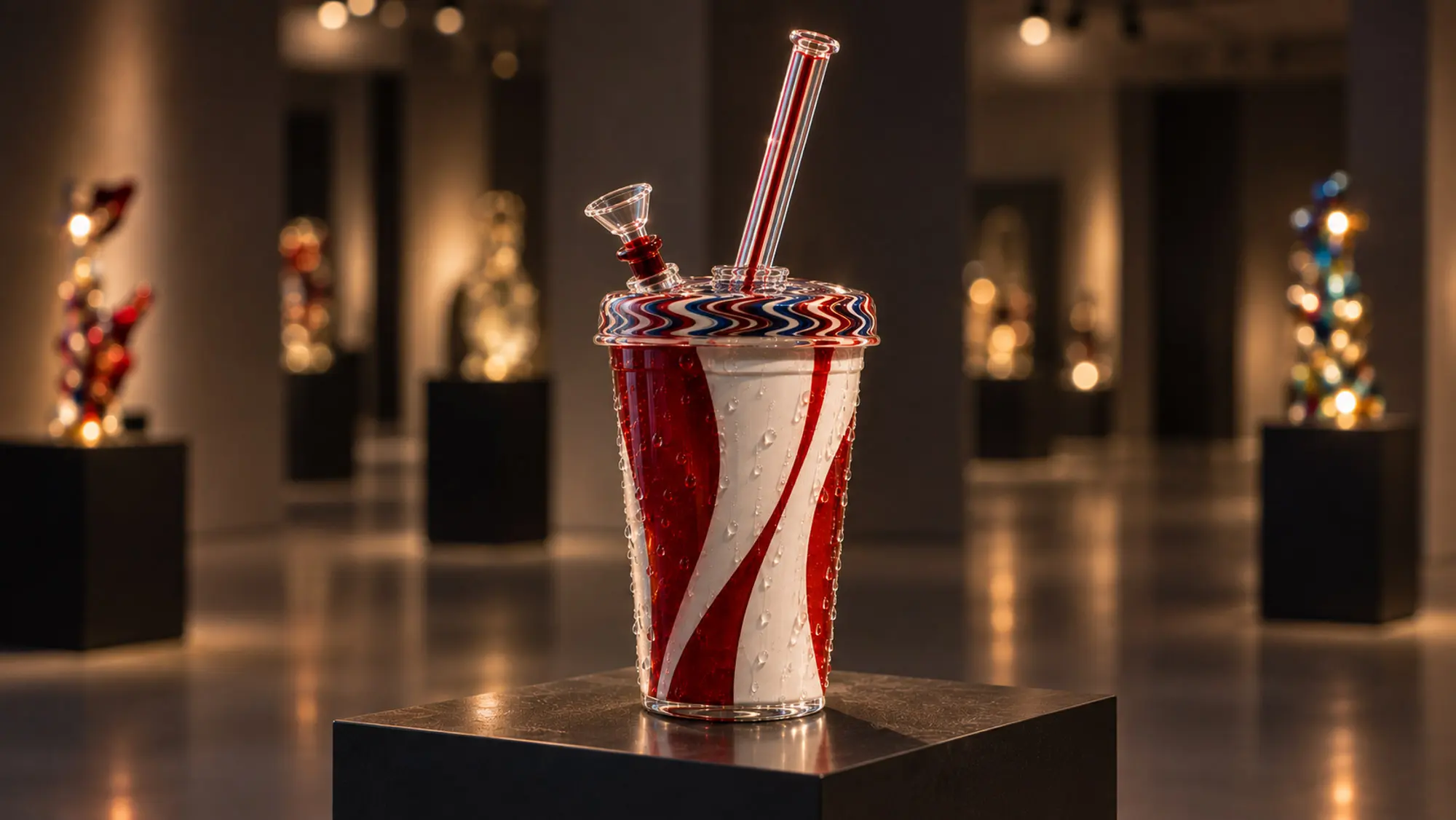 Glass sculpture of a fountain drink cup with condensation, a patterned lid, and a straw serving as the mouthpiece