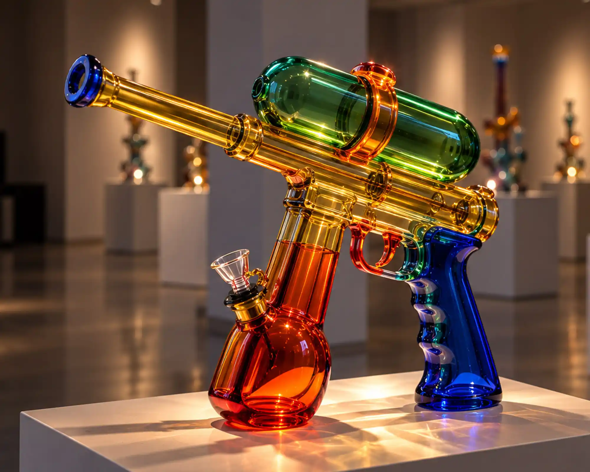 Colorful glass sculpture of a ray gun with a water chamber, displayed on a pedestal in a gallery