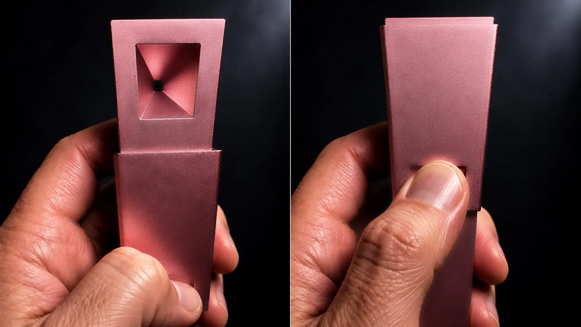 Two-panel photo of a pink machined aluminum pipe held in a hand, showing the magnetic Shield open over the bowl on the left and a thumb sliding it closed on the right