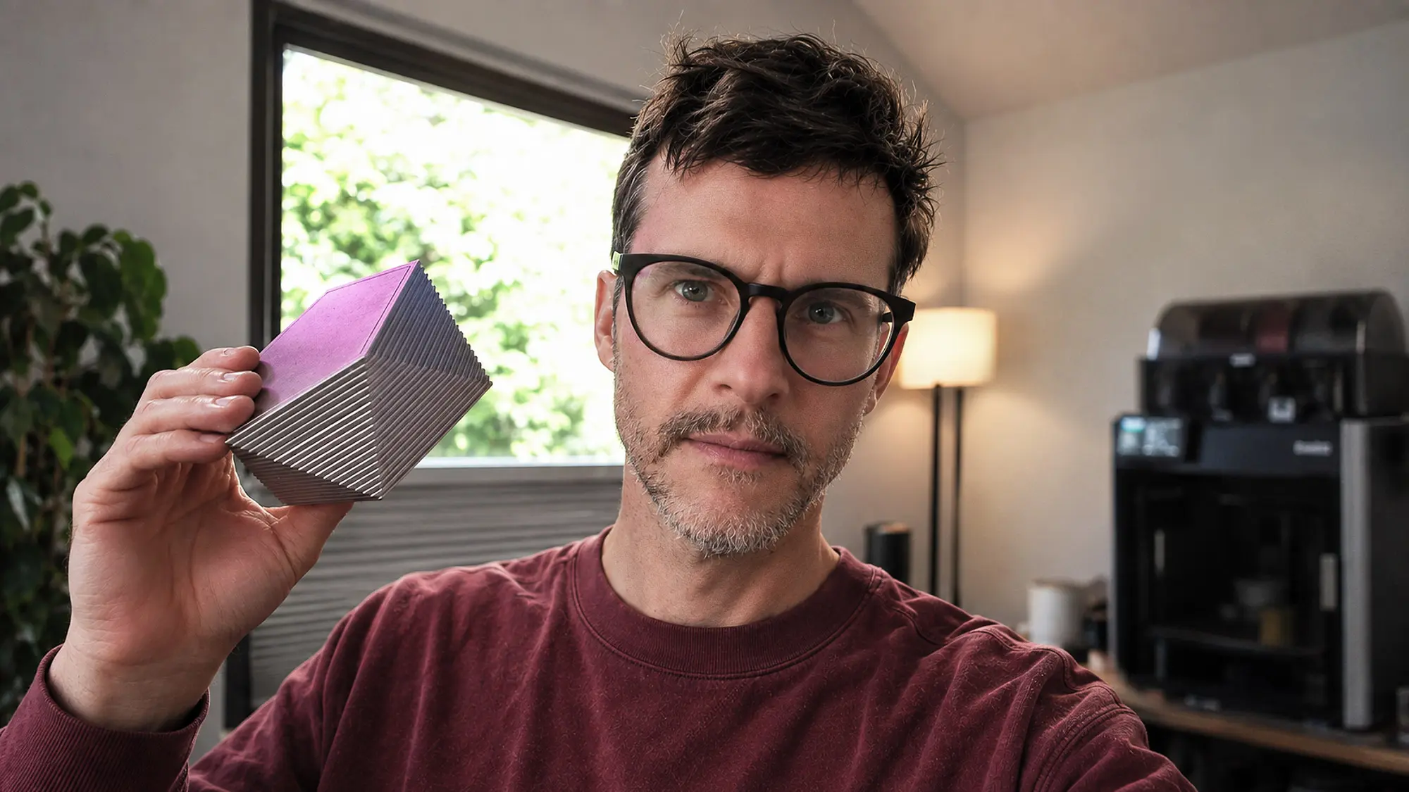 Ryan Rickett holding a ribbed metal prototype block in his home studio