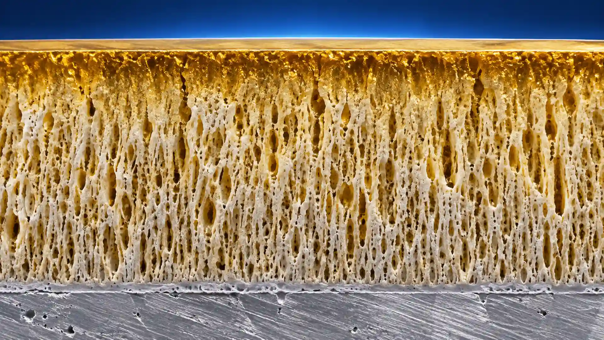 Illustration of anodized aluminum in cross section, showing straight, parallel gold-dyed pores grown from the bare metal and sealed at the surface