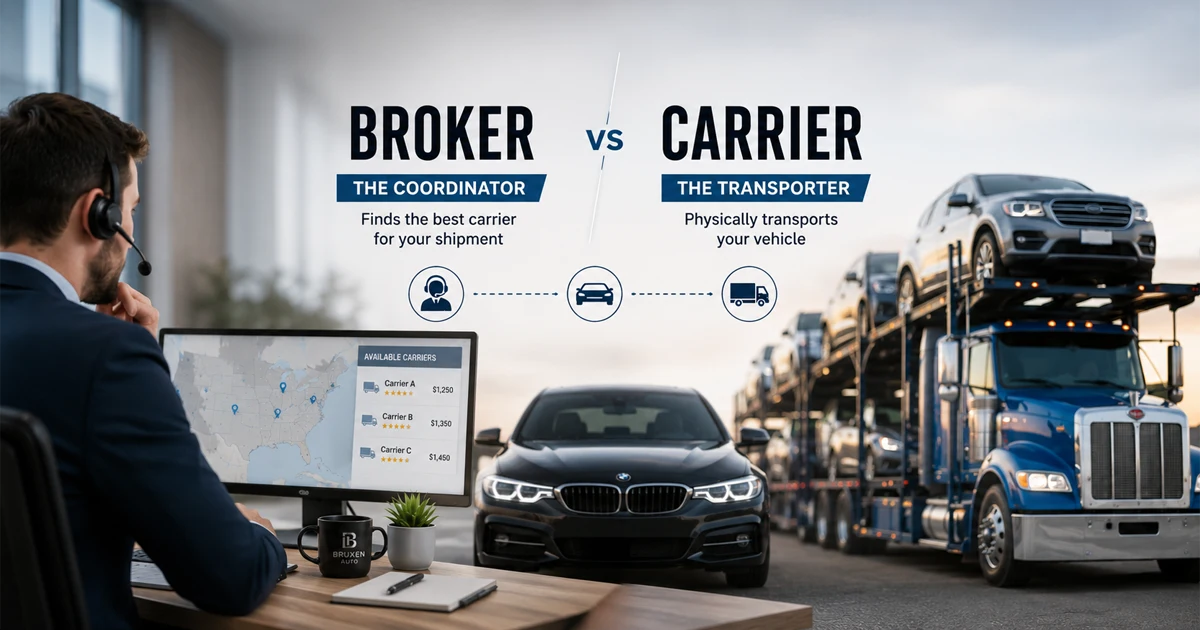 Illustration of a car shipping broker coordinating between a customer, route map, and auto transport carrier.