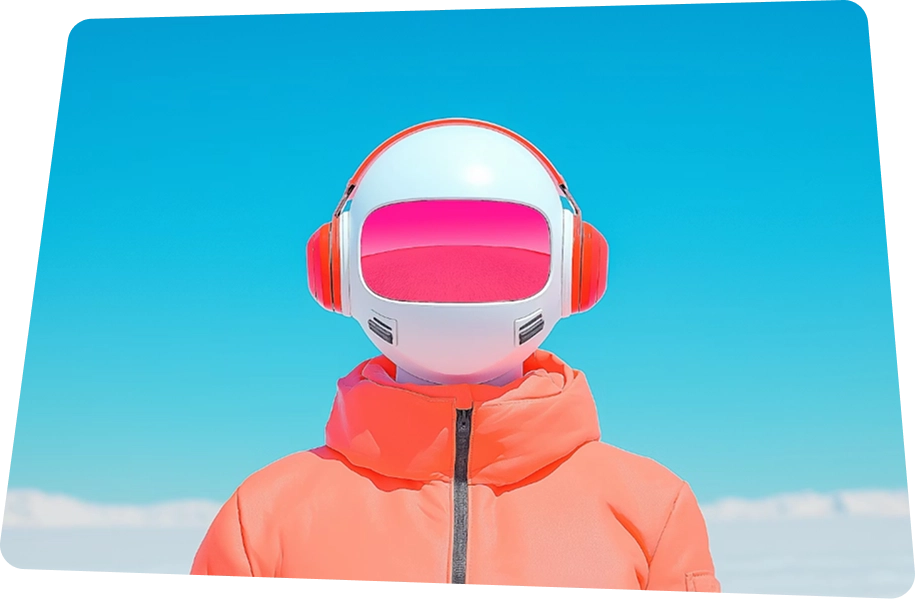 Person wearing a white helmet with pink visor and matching orange headphones and jacket against a clear blue sky.