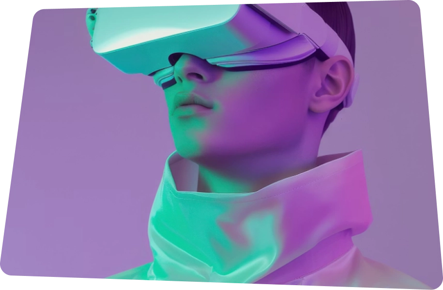 Young person wearing a white virtual reality headset and a high-collared jacket under purple and green lighting.