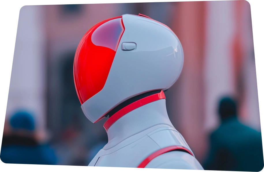 Side view of a futuristic white and red robot head and upper torso with a smooth helmet-like design, blurred city background.