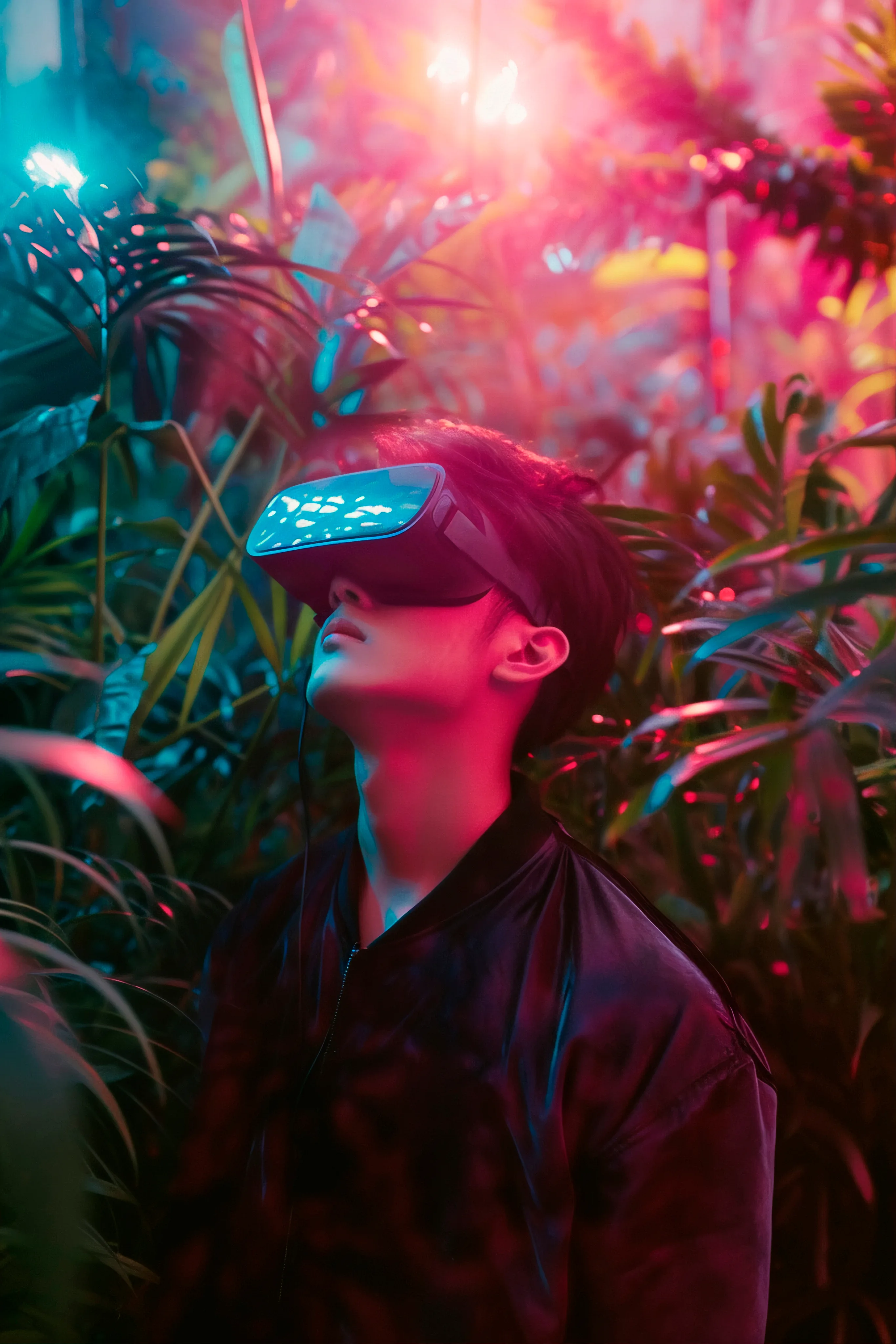 Young man wearing virtual reality headset surrounded by lush plants under pink and blue neon lighting.