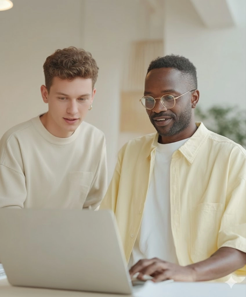 Two men working together on a laptop at a desk in a bright room.