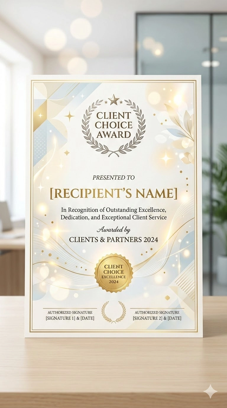 Award trophy with blue upward arrow and network design, labeled 'Top Marketing Video Agency - Regional' on a pedestal in an office setting with blurred charts on a screen in the background.