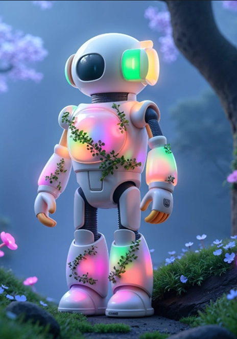 Futuristic white robot standing outdoors decorated with glowing multicolored lights and green vines against a blurred natural background.