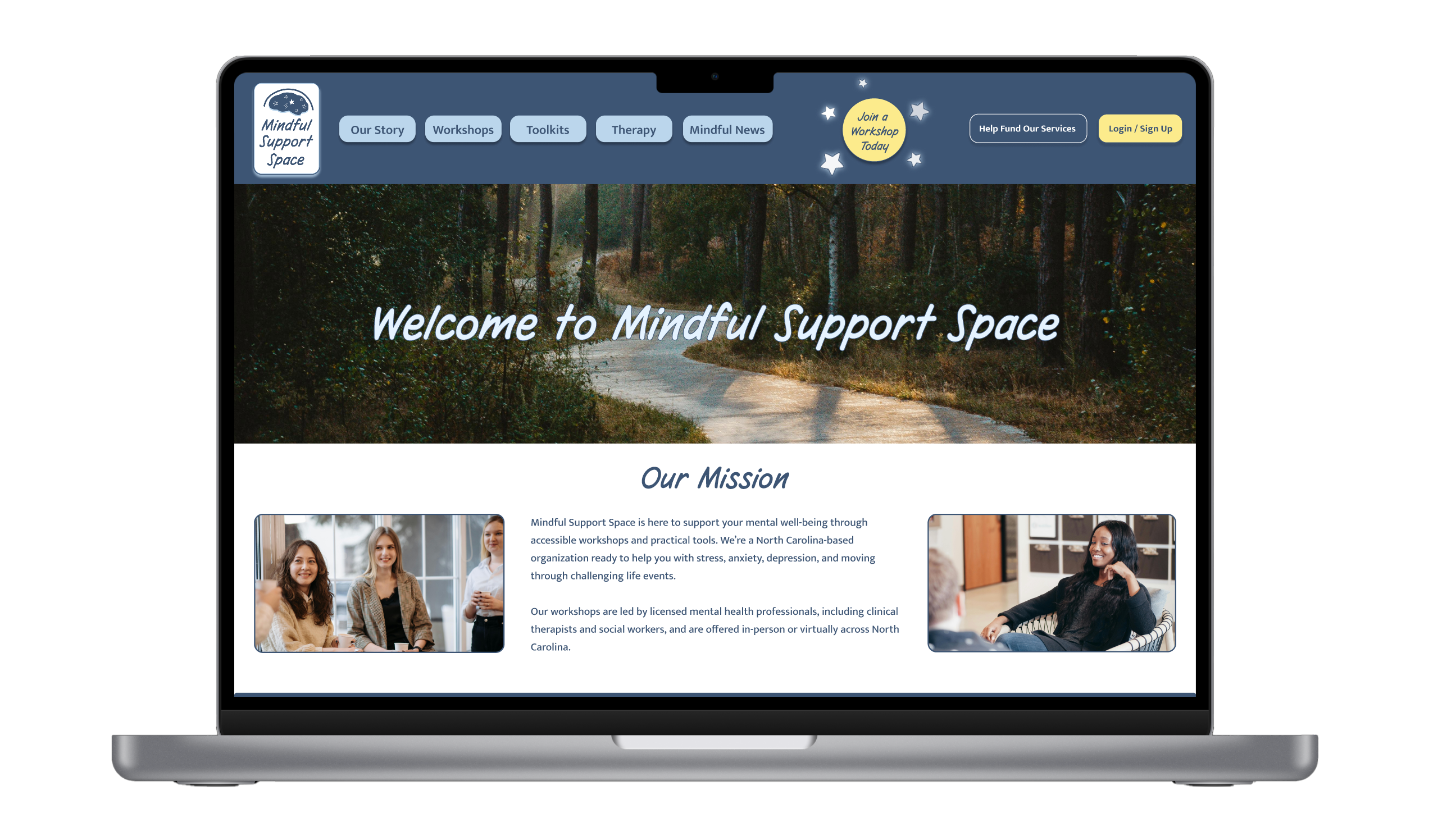 Laptop with Mindful Support Space home screen displayed