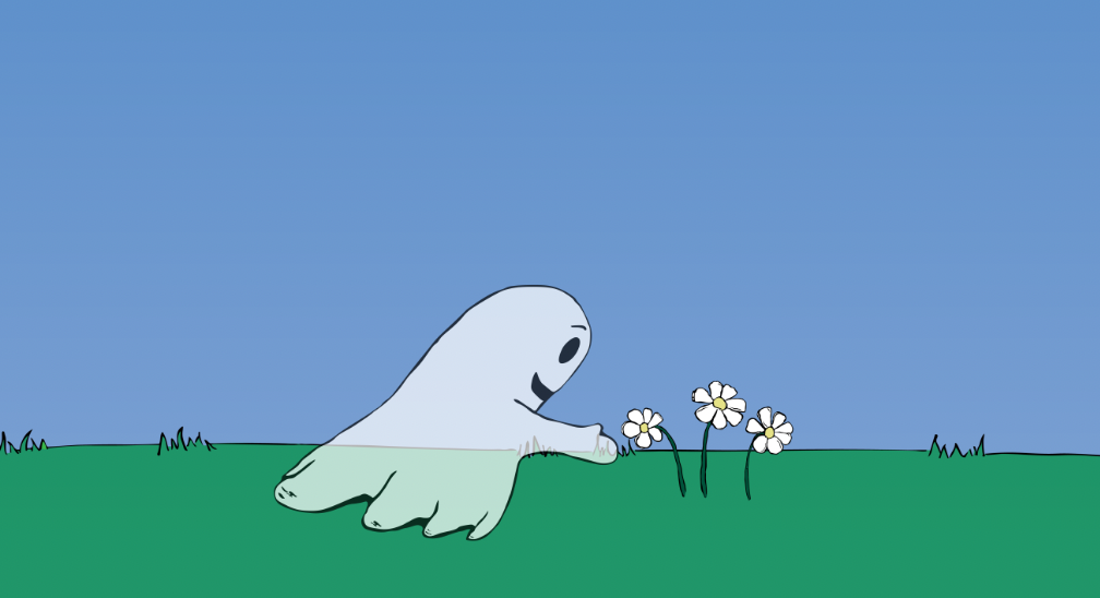 Screen capture from an animation where a white transparent ghost is reaching for 3 white flowers in the grass