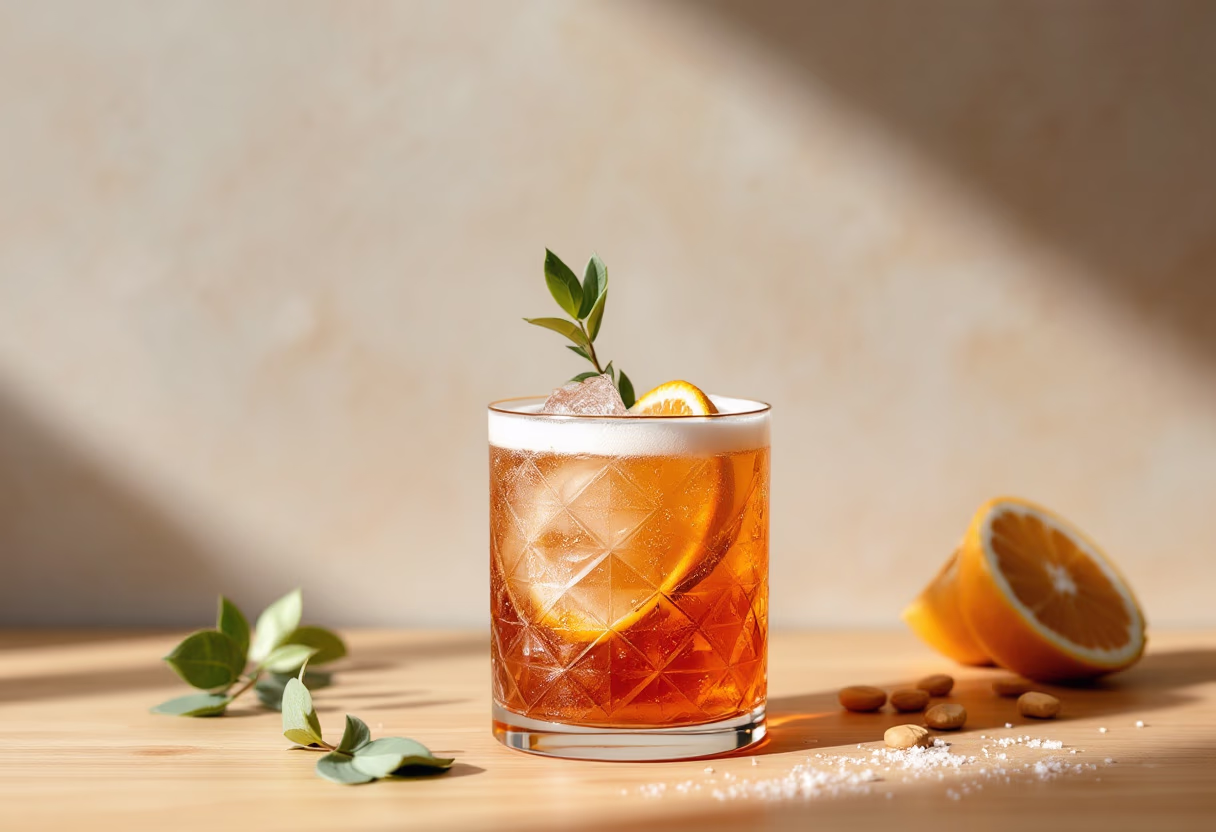 close-up of stylish drink being served on a wooden bar