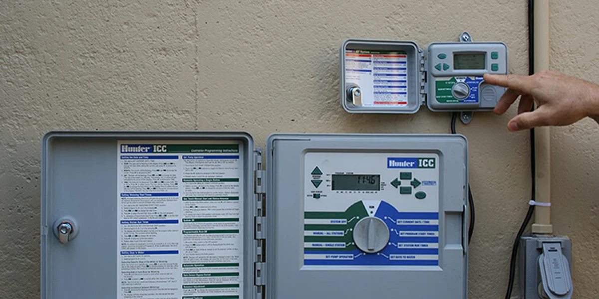 hand adjusting green irrigation controller timer