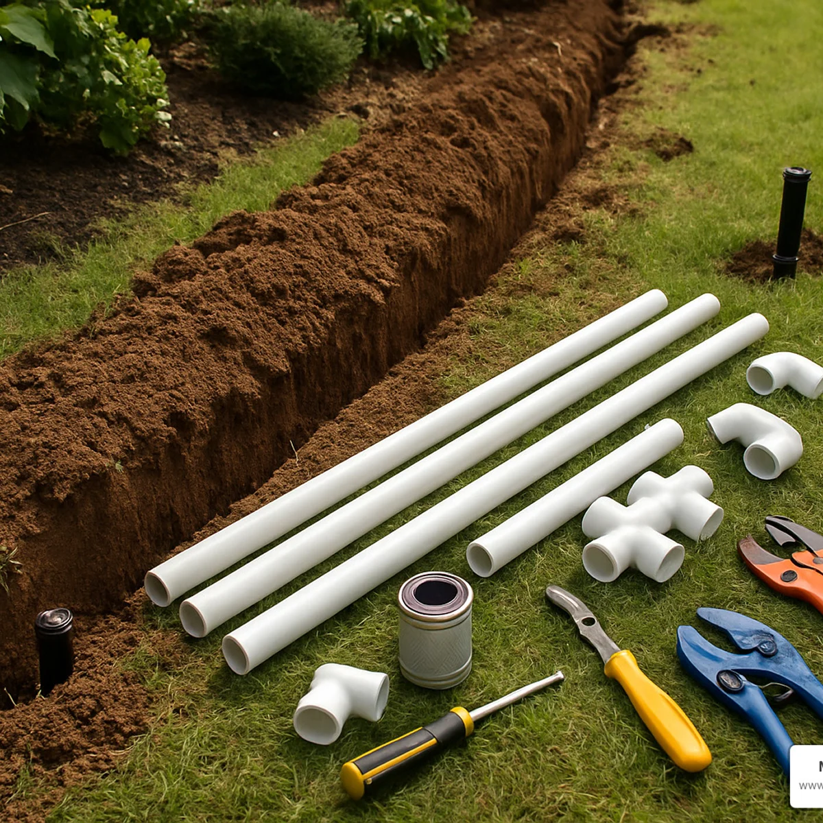white pvc pipes irrigation tools green lawn