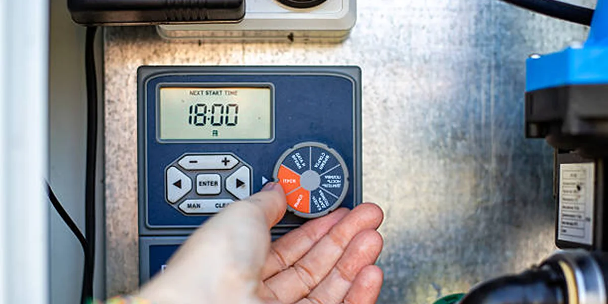 hand adjusting blue orange sprinkler timer controller