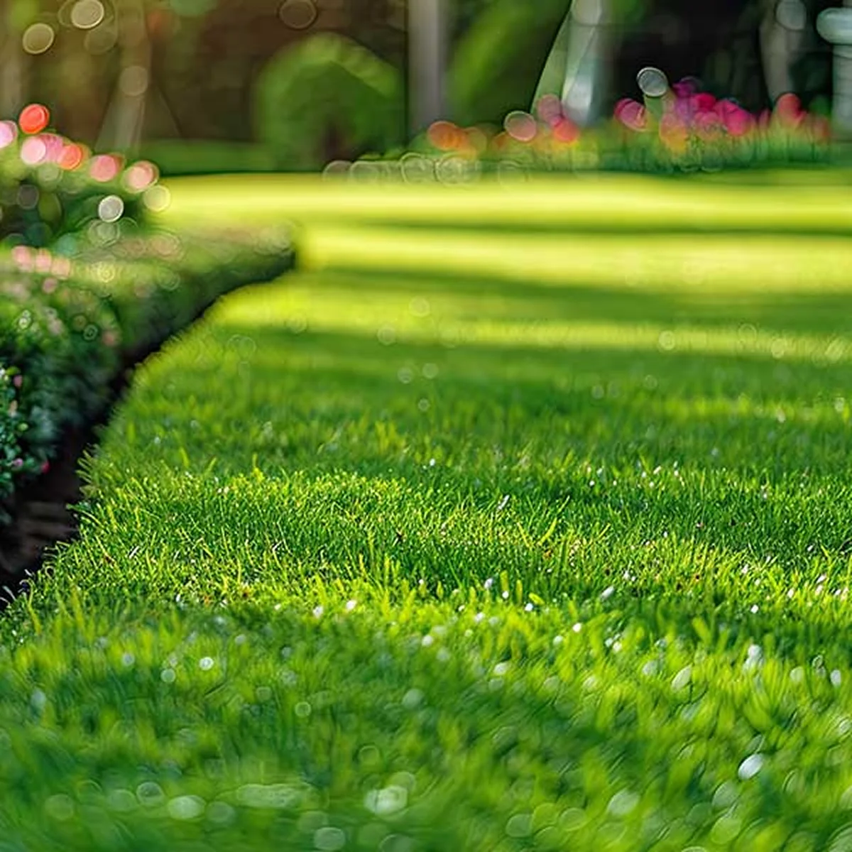 sunlit green grass lawn garden bokeh
