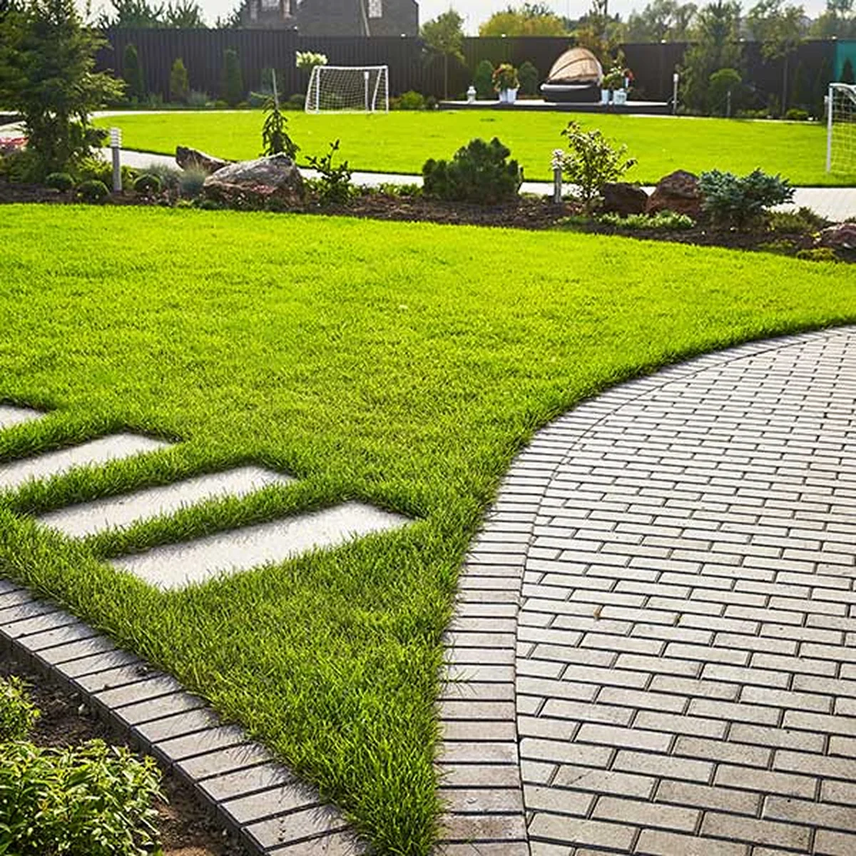 curved brick pathway green backyard lawn