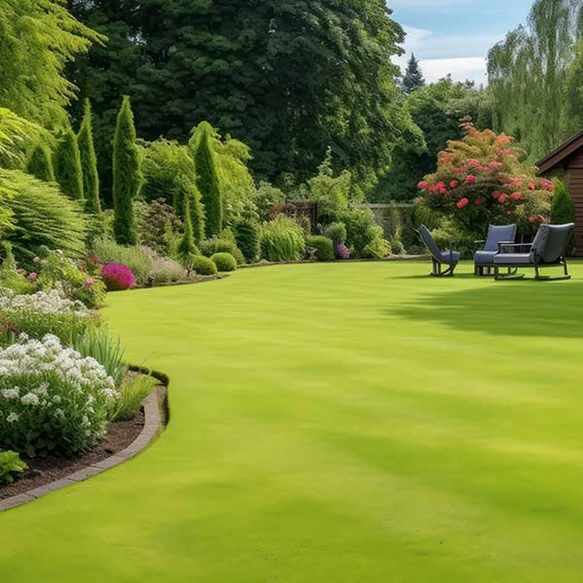 lush green manicured lawn backyard chairs