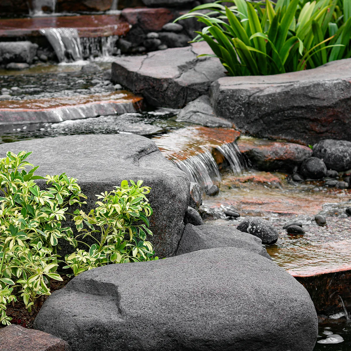 gray stone waterfall with green plants
