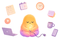 Lumi surrounded by floating tasks - depicting executive dysfunction