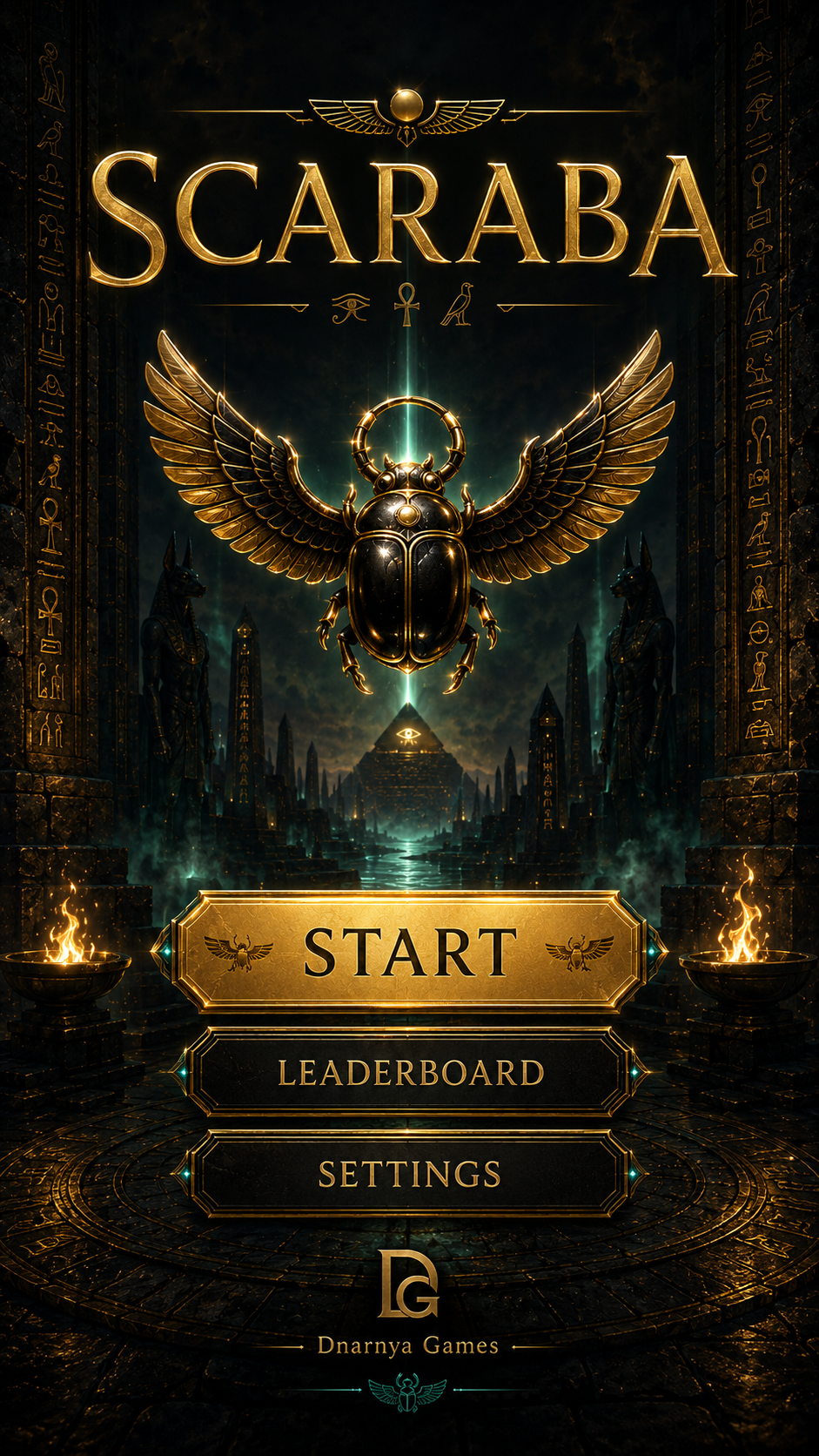 Scaraba start screen featuring a golden scarab in an obsidian temple.