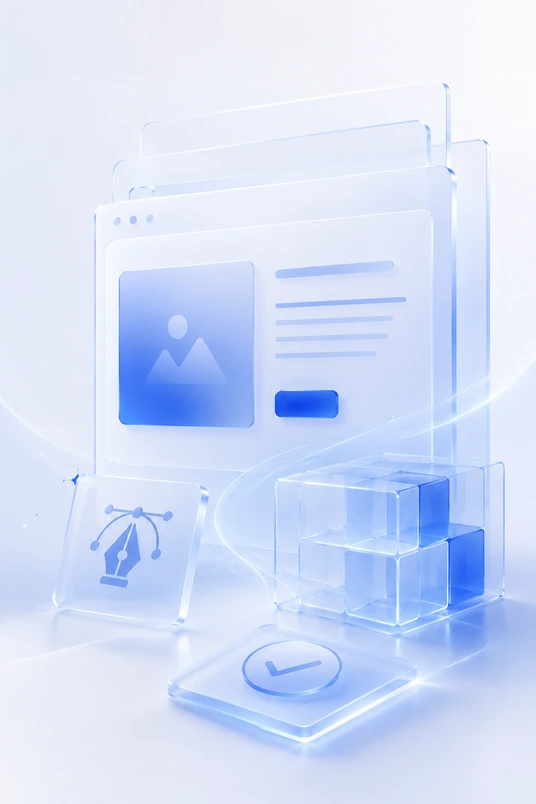 Abstract glassmorphism graphic showing custom website design, clean structure, and reusable digital components built for long-term client use.