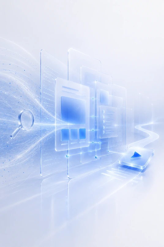 Abstract glassmorphism graphic showing search signals moving through structured website layers toward a clear next step.