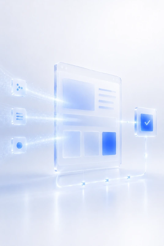 Abstract glassmorphism graphic showing paid traffic signals connecting into a structured landing page system with clean tracking and offer readiness.