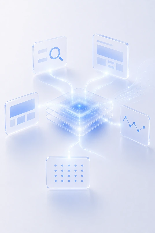 Abstract glassmorphism graphic showing search, ads, landing pages, tracking, and AI-ready content connected into one unified growth system.