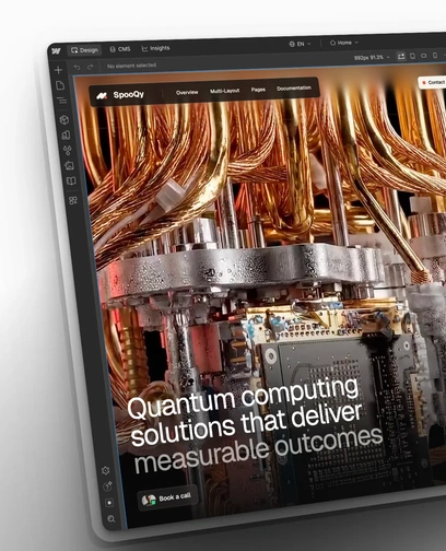 Tablet mockup showing a quantum computing website design inside the Webflow editor interface.