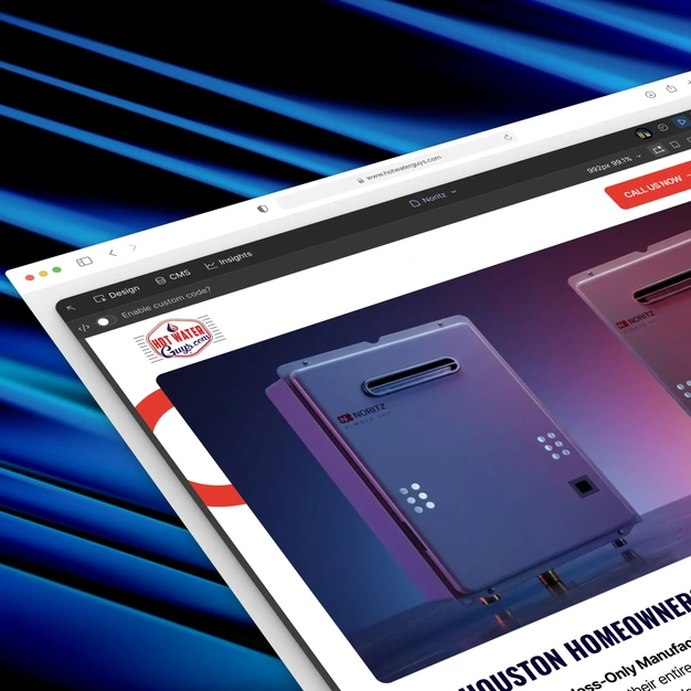 The Hot Water Guys website open in the Webflow Designer, showing Noritz tankless water heaters
