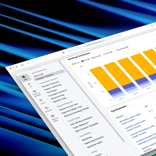 Angled website analytics mockup for Hot Water Guys showing SEO position tracking, rankings distribution, and keyword performance data.
