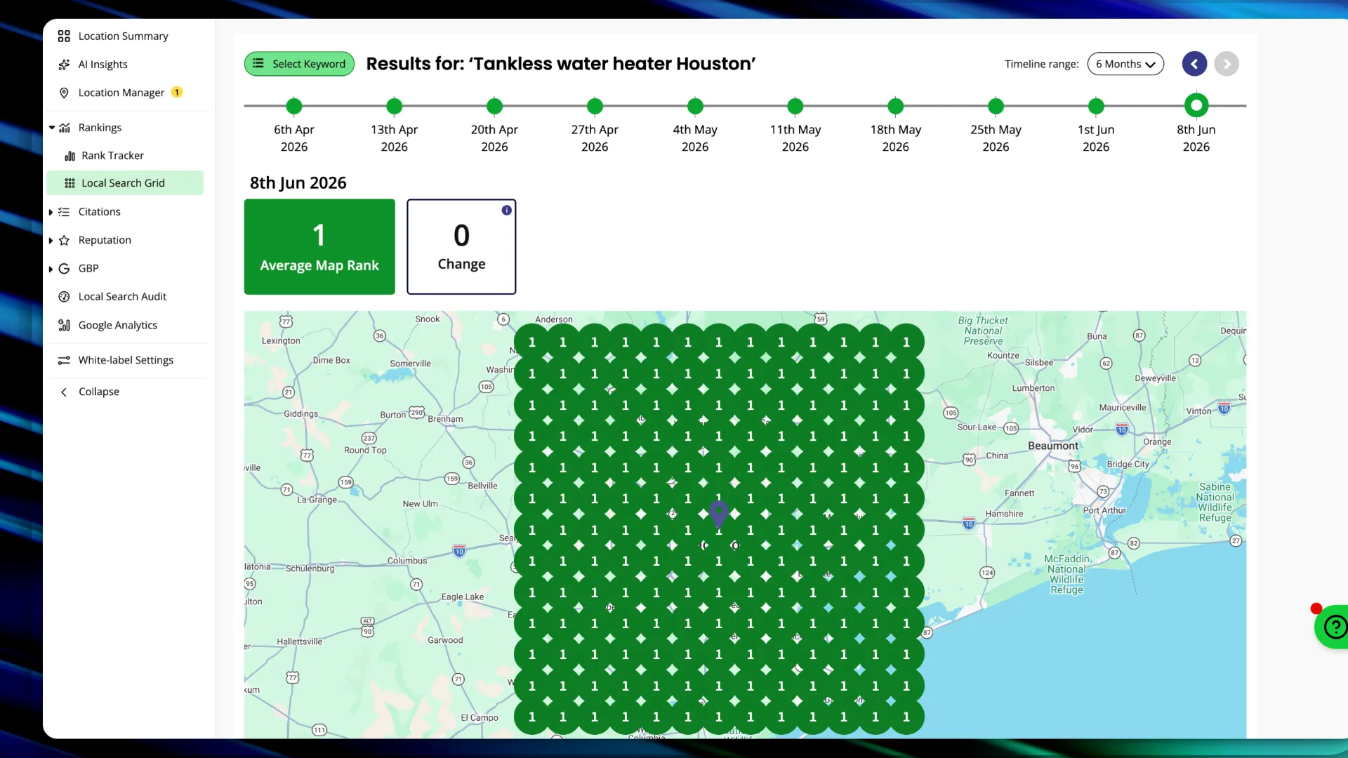 Local search grid report for Hot Water Guys showing an average map rank of 1 for tankless water heater Houston